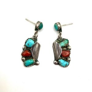 Vintage Native American Navajo Turquoise & Coral Post Earrings